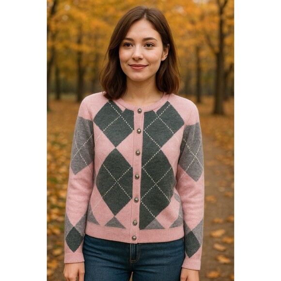 Merokeety Women’s Pink Gray Argyle Cardigan Preppy Academia Cottagecore Sz M NWT - Picture 2 of 8